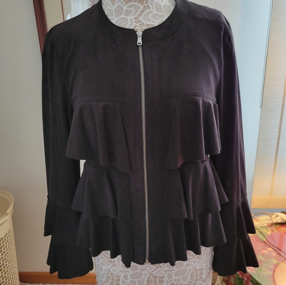 INC International Concepts Jackets & Blazers - INC Black Tier Ruffle Faux Suede Jacket
